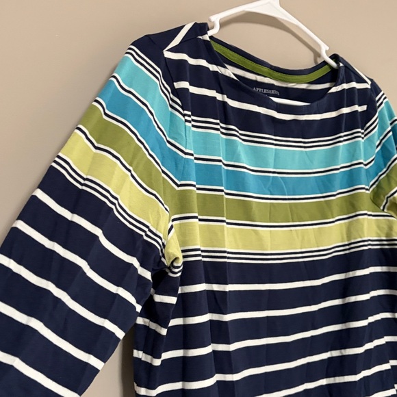 Appleseed's women’s Long Sleeve Striped Shirt - Navy, Green, Aqua - Picture 2 of 4